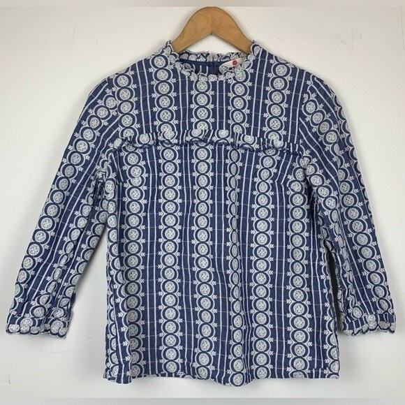 Boden Tops - Boden Embroidered Eyelet Bib Blouse Ruffle Detail 3/4 Sleeve Blue & White Size 4